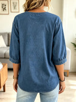 Retro Round Neck Art Button Casual Stylish 3/4 Sleeve Denim Shirt