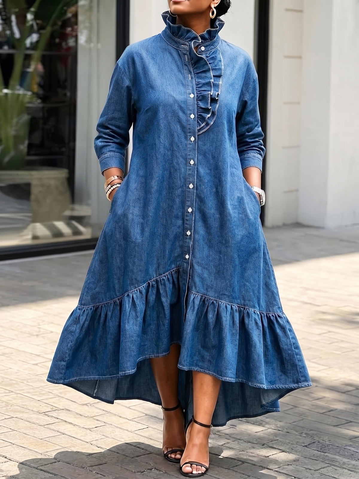 Women Ruffle Collar Denim Maxi Dress Long Sleeve Button Down Hi‑Low Hem Shirt Dress