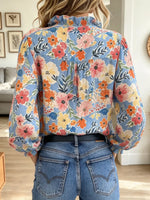 Vintage Floral Pattern Art Casual Stylish Long Sleeve Cotton Linen Shirt