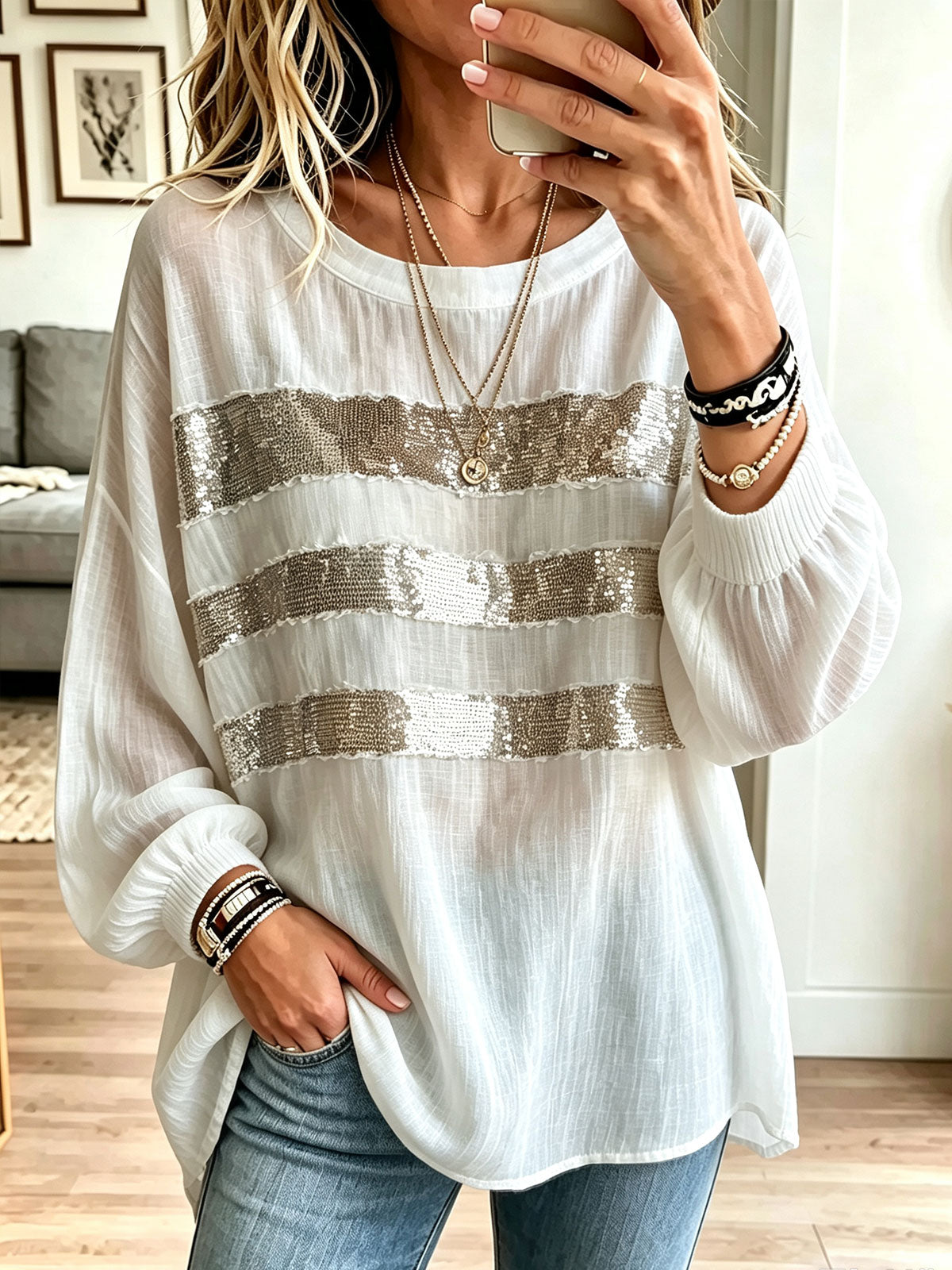 Women White Sequin Stripe Long Sleeve Loose Blouse Top