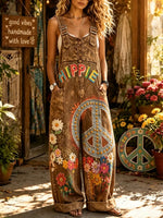 Women's Washed HIPPIE Letter Daisy Print Overall Pants