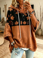 Women Maple Leaf Color Block Print 3/4 Sleeve Oversized Hoodie