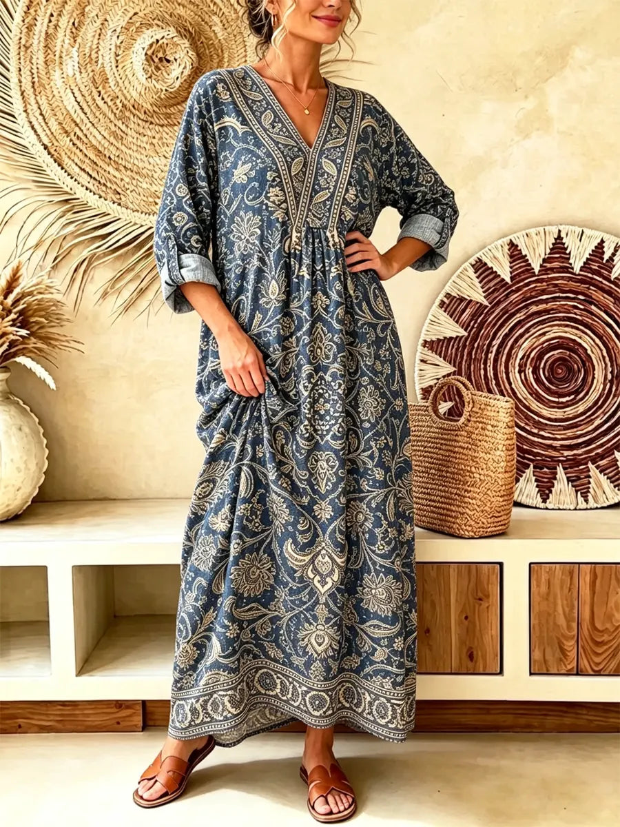 Retro Ethnic Floral Pattern Art Print Casual V-neck Cotton Linen Maxi Dress