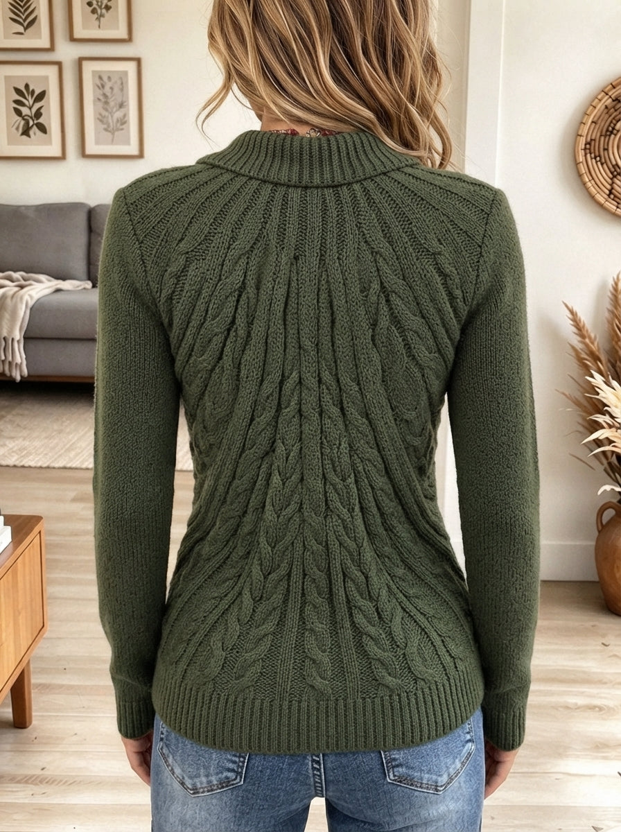 Women's Olive Green V-Neck Cable Knit Cardigan with Buttons