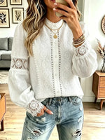 Retro Lace Floral Patchwork Art Casual Stylish Long Sleeve Cotton Shirt