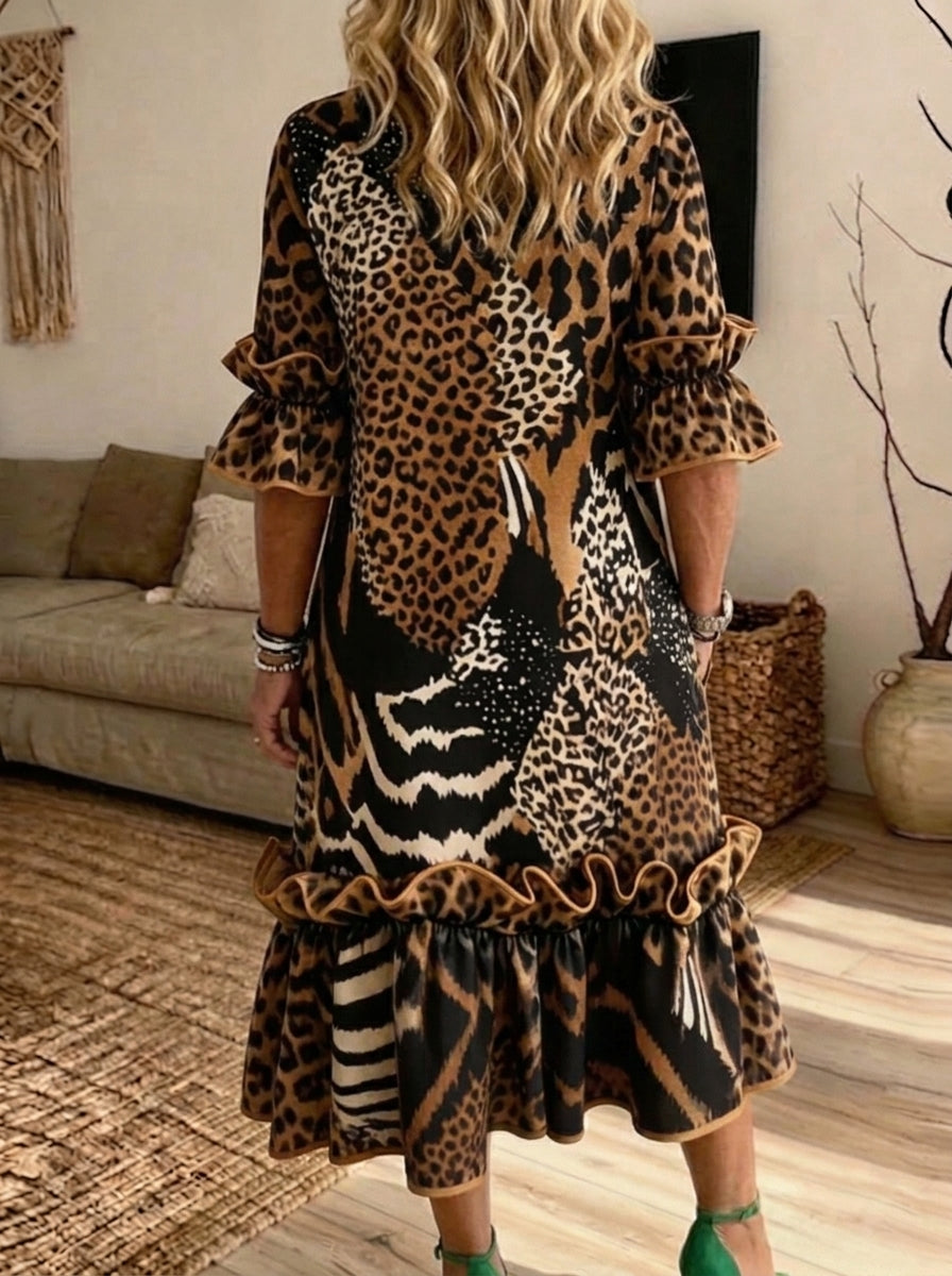 Women Mixed Animal Print Ruffle Midi Dress With Pockets
