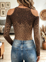 Women's Brown Leopard Print Cold Shoulder Slim Fit Long Sleeve Top