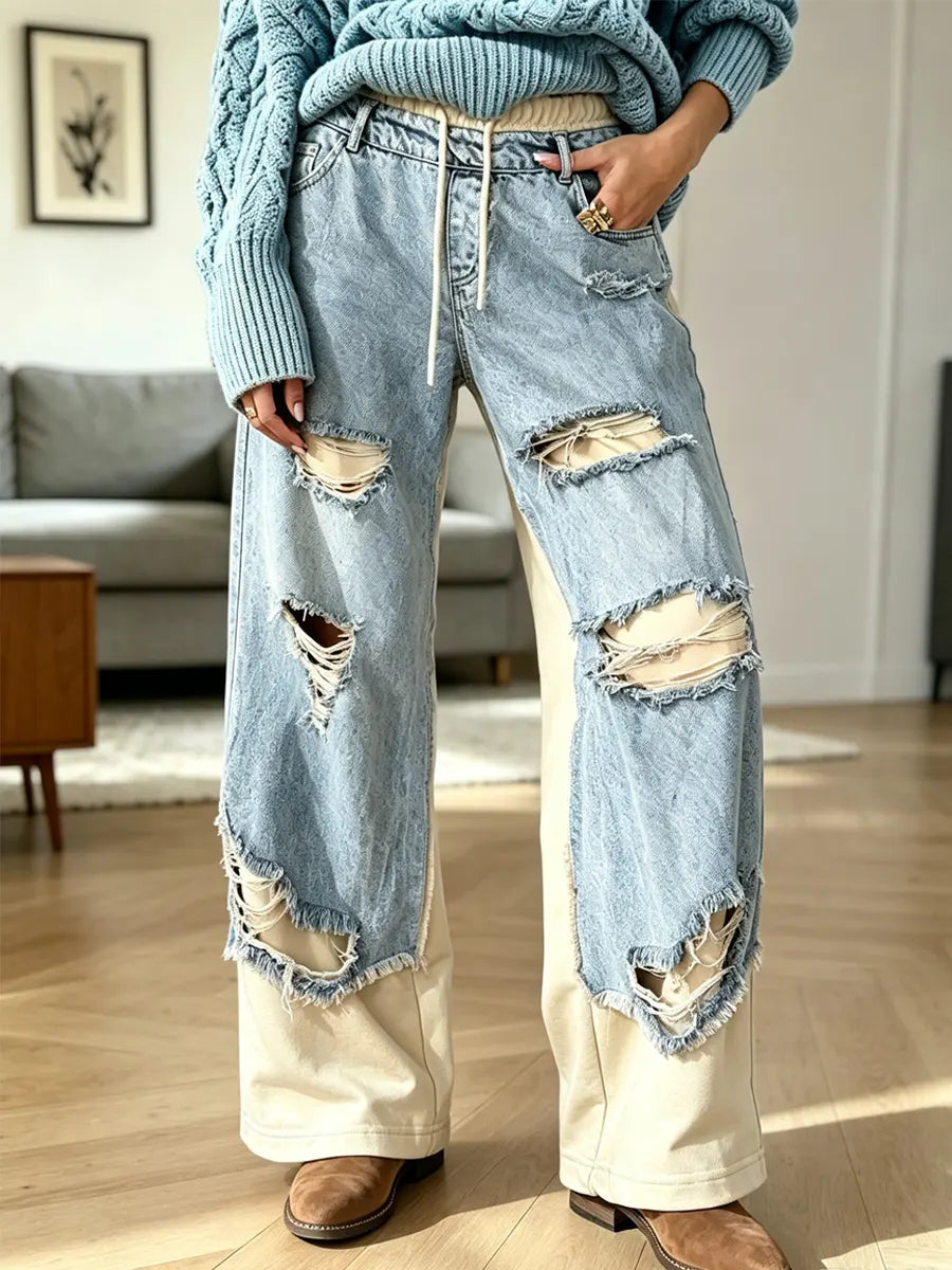 Vintage Denim Patchwork Art Casual Stylish Pants