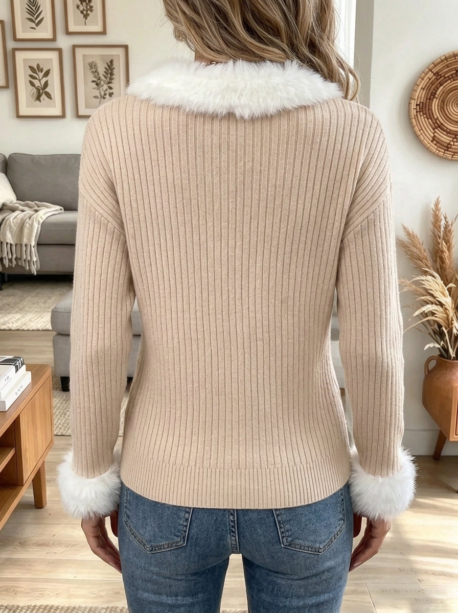 Women's Faux Fur Trim Ribbed Sweater