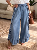 Women Elastic Drawstring Waist Ruffle Trim Wide Leg Denim Pants