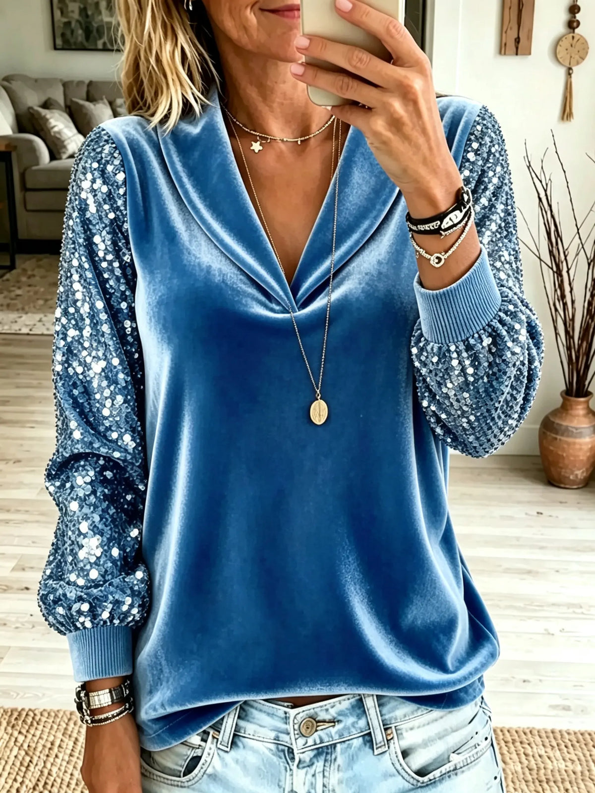 Women's Sequin Sleeve Velvet V-Neck Top