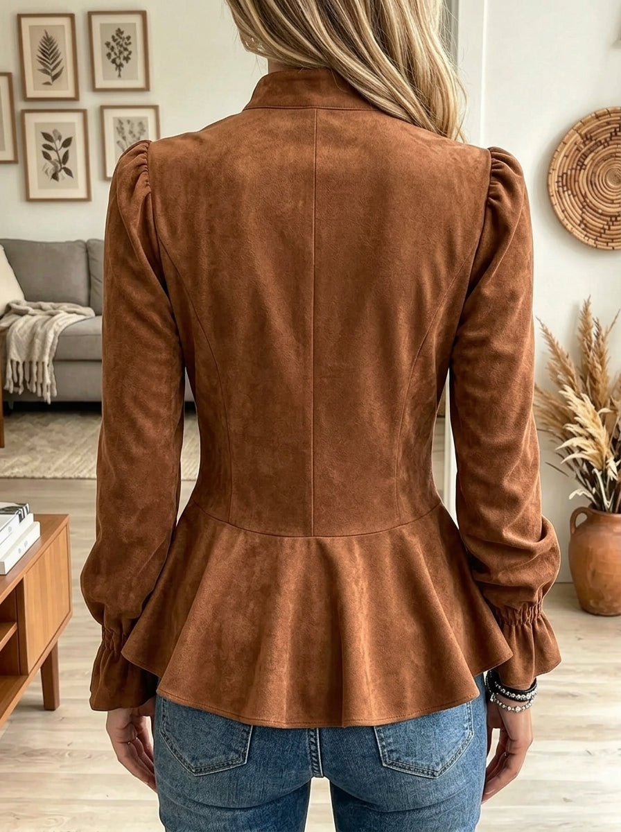 Women's Ruffled Tie-Front Peplum Faux Suede Blouse