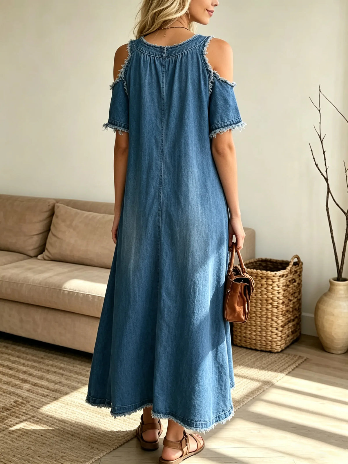 Women's Cold-Shoulder Frayed Denim Maxi Dress