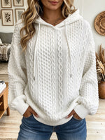 Women's Cable Knit Hooded Sweater, Drawstring Long Sleeve Loose Knit Pullover Hoodie