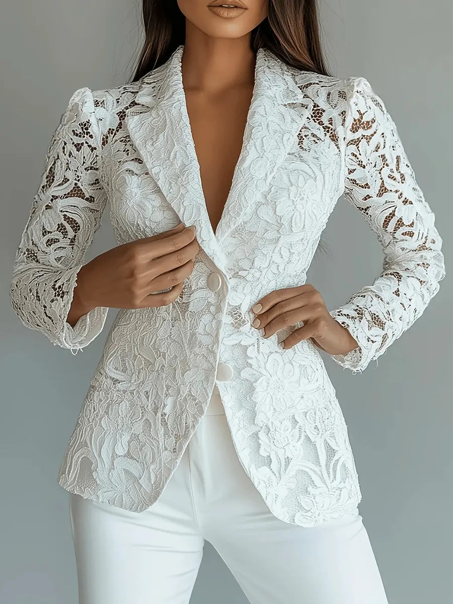 Retro Floral Lace Hollow Art Casual Stylish Long Sleeve Lapel Coat