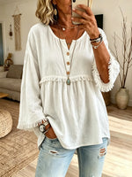 Women Fringe Trim Crew Neck Half Button 3/4 Sleeve Linen Blend Blouse