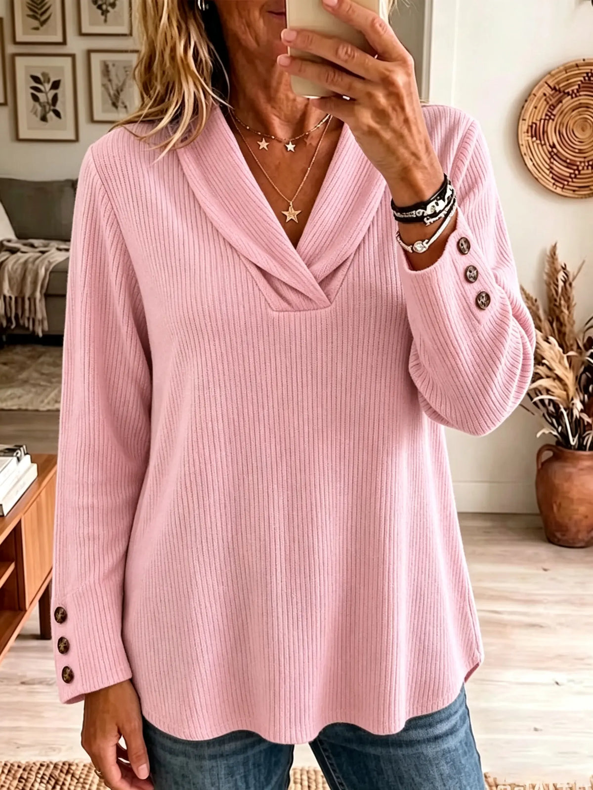 Women's Ribbed Shawl Collar Long Sleeve Top