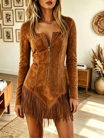 Women's Corset Style Fringe Hem Suede Mini Dress