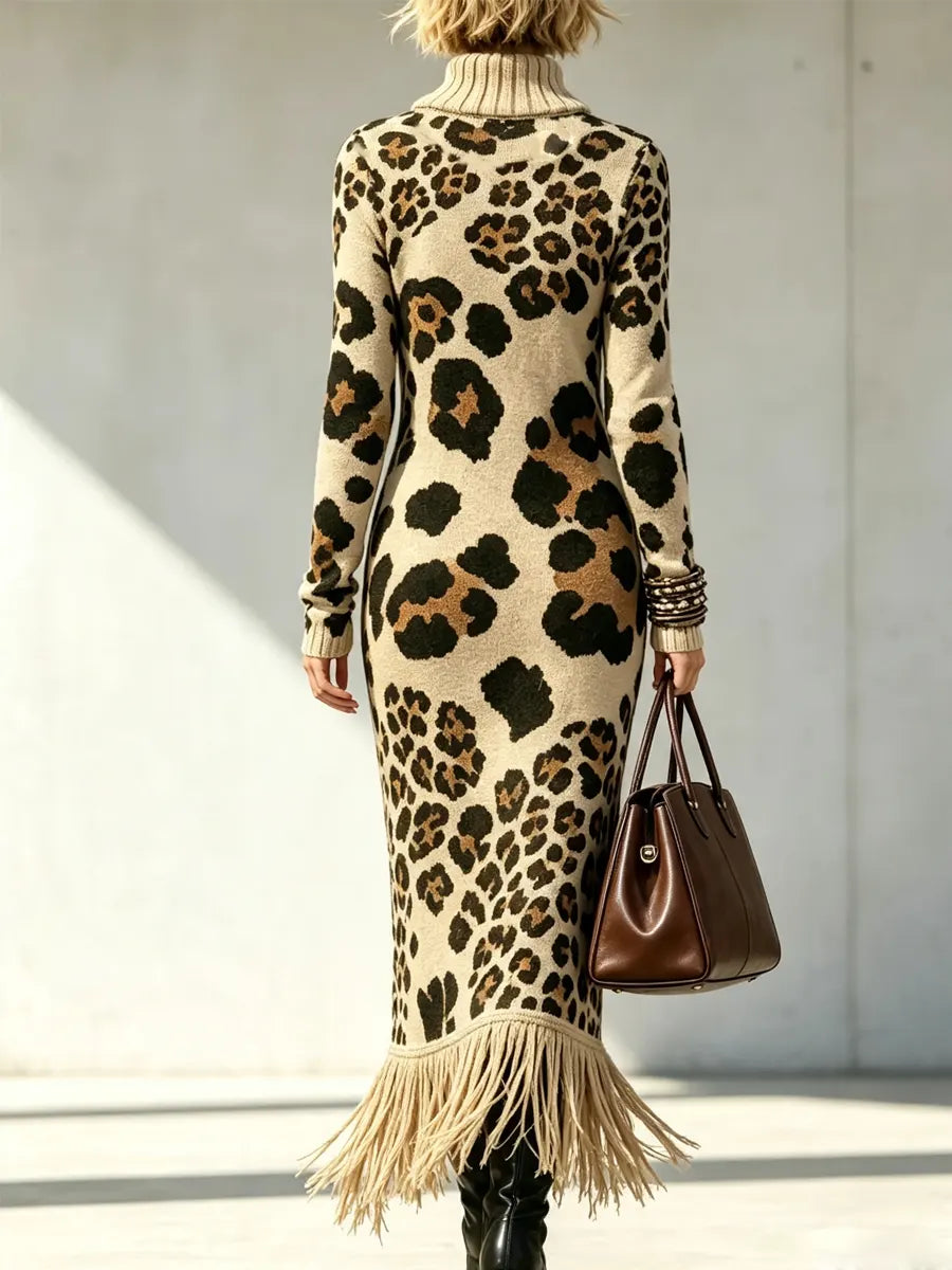 Retro Leopard Pattern Tassel Patchwork Art Print Casual Stylish Long Sleeve Knitted Dress