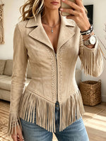 Women Western Suede Fringe Jacket Lapel Zipper Up Embroidery Long Sleeve Slim Fit Outerwear