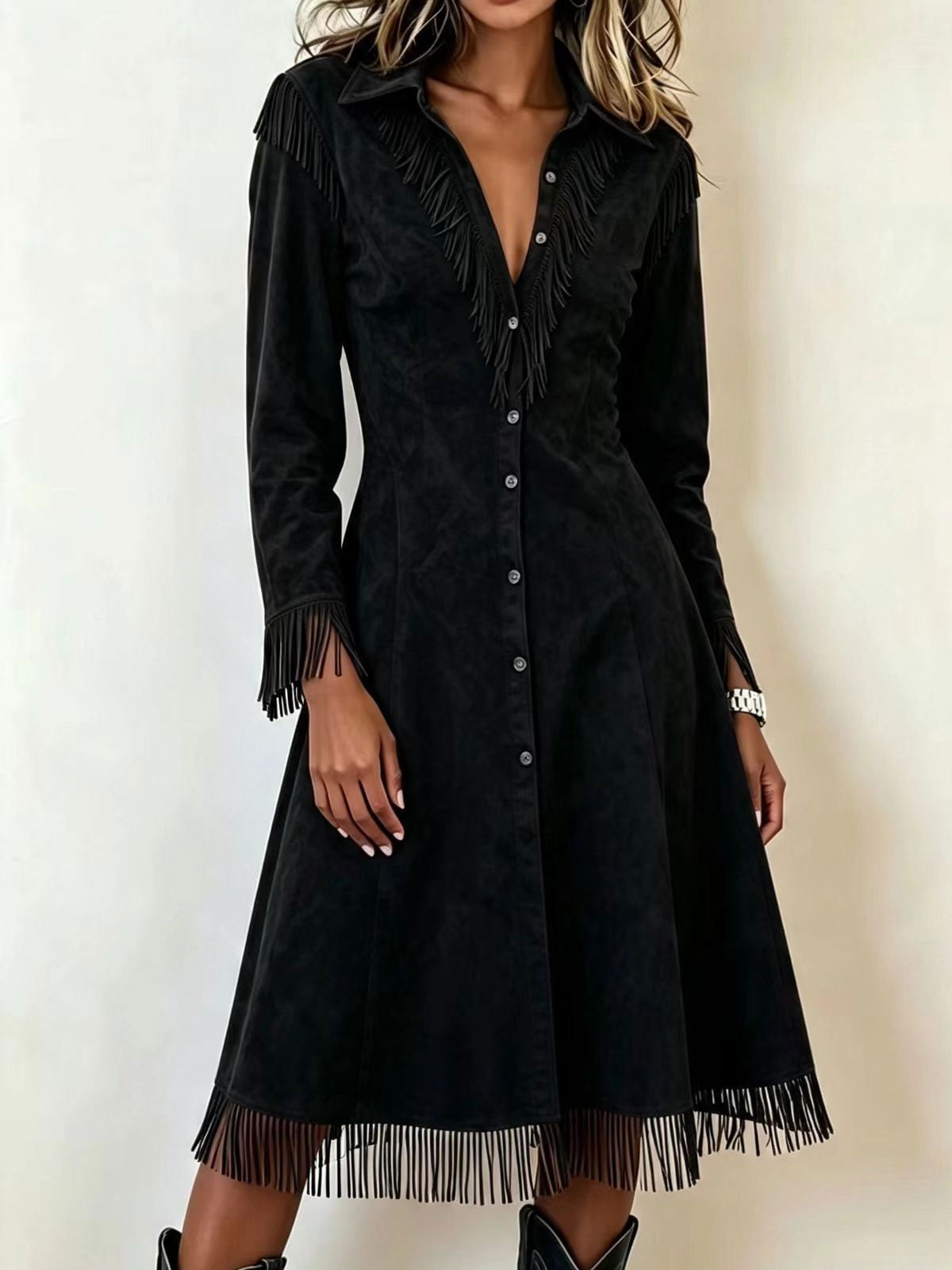 Women Western Faux Suede Fringe Long Sleeve Midi Shirt Dress