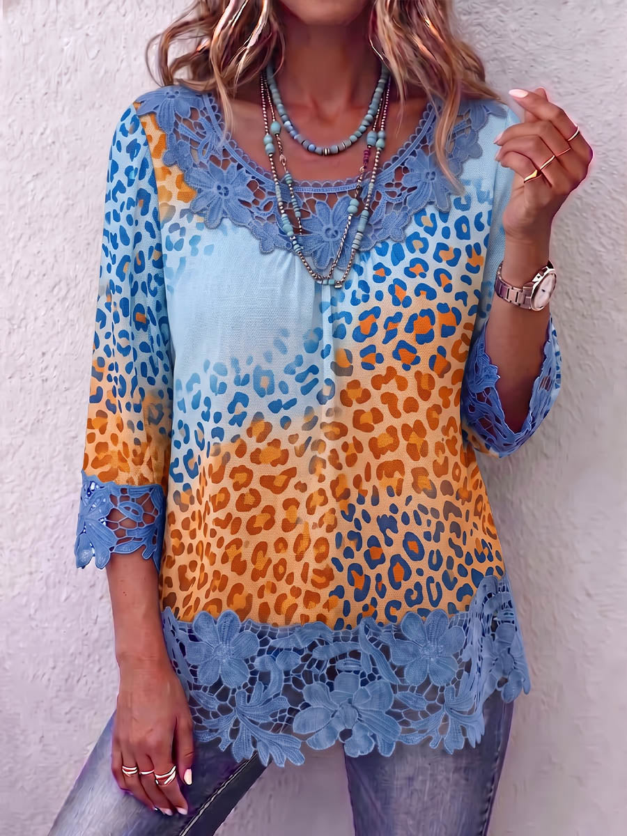 Vintage Elegant Pattern Print Patchwork Hollowed Out Lace Shirt