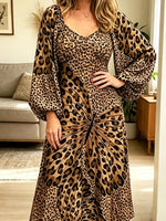 Retro Leopard Butterfly Pattern Art Print Long Sleeve Casual Stylish Long Dress