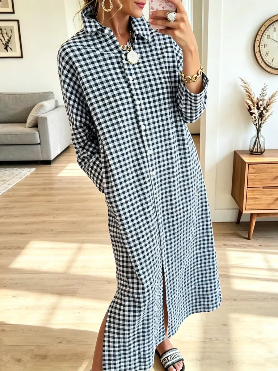 Vintage Plaid Pattern Lapel Art Casual Stylish Long Sleeve Dress
