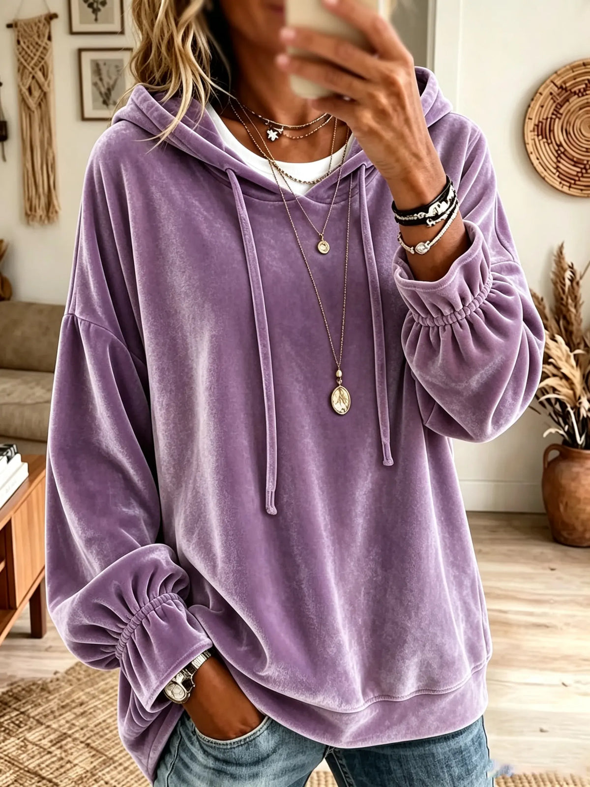 Women's Velvet Drawstring Hooded Pullover