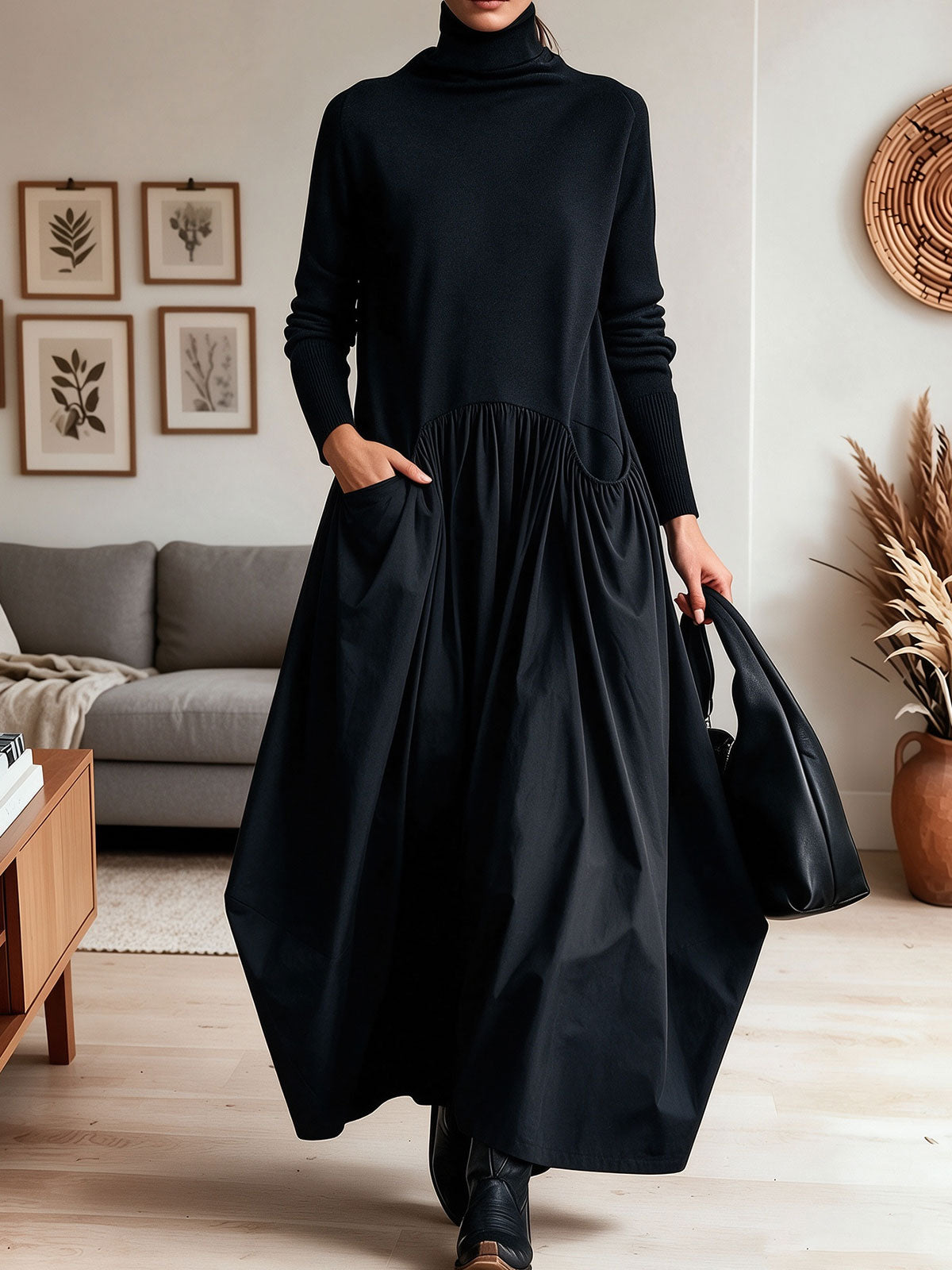 Women Turtleneck Knit Patchwork Maxi Dress, Loose Pleated Flowy Long Dress With Pockets
