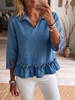 Vintage Elegant Denim Patchwork Hollowed Out Lace Ruffles Shirt