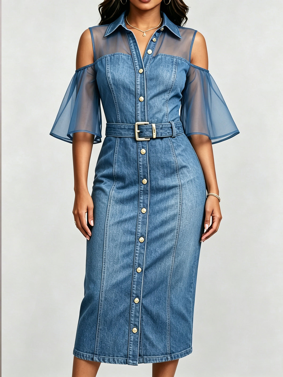 Collared Cold Shoulder Mesh Spliced Belted Denim Midi Dress