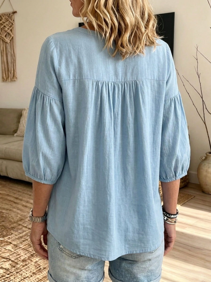 V Neck Button Pleated Puff 3/4 Sleeve Linen Blend Blouse