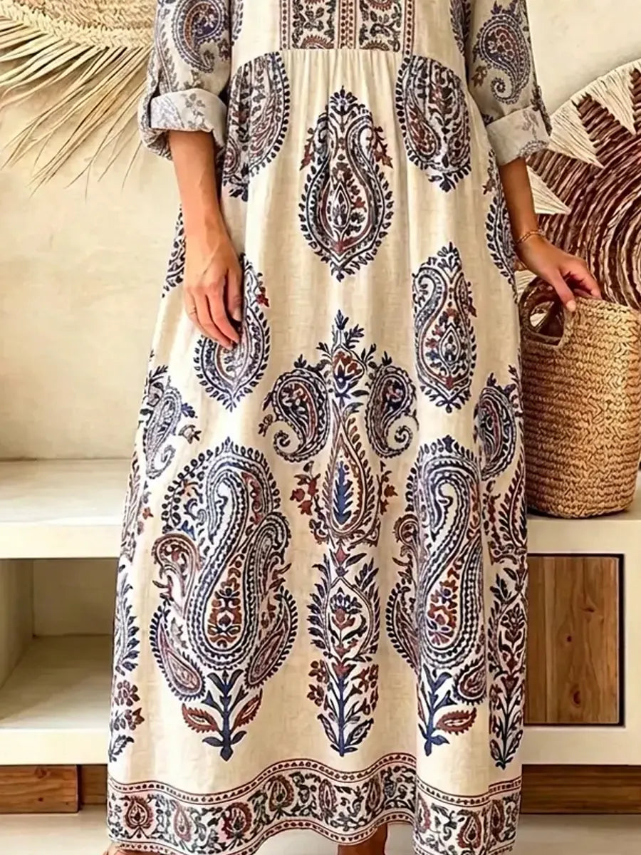 Retro Ethnic Floral Pattern Art Print Casual V-neck Cotton Linen Maxi Dress