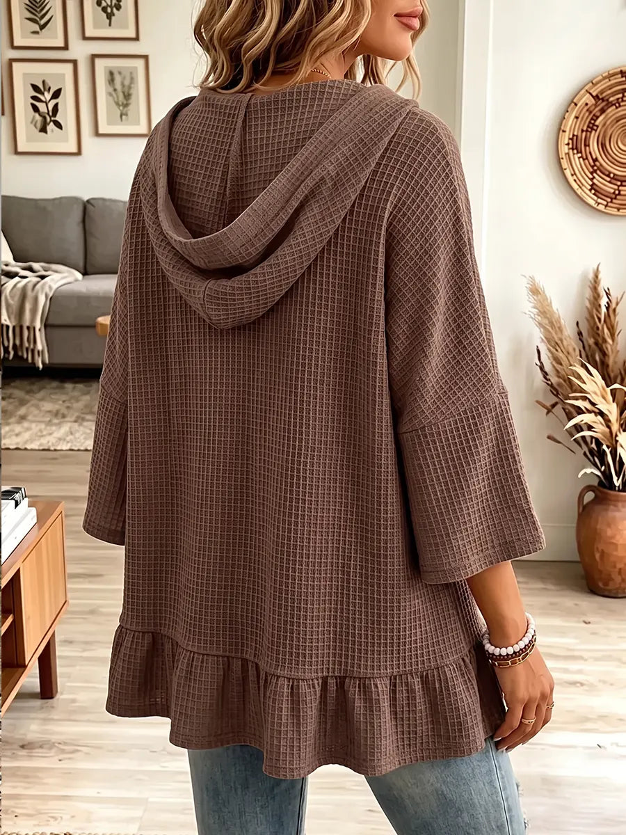 Vintage Elegant Hooded Waffle Knit Ruffle Shirt