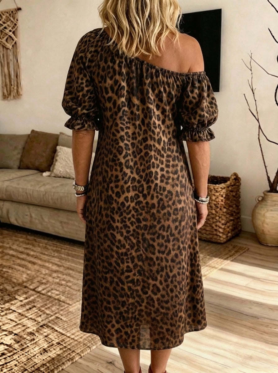 Women's Off Shoulder Leopard Print Puff Sleeve Midi Dress With Pockets