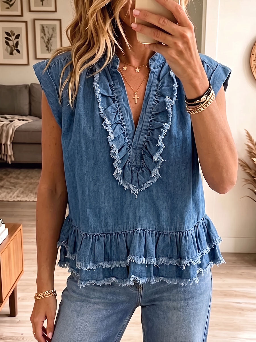Vintage Elegant Denim Patchwork Frayed Edges Vest