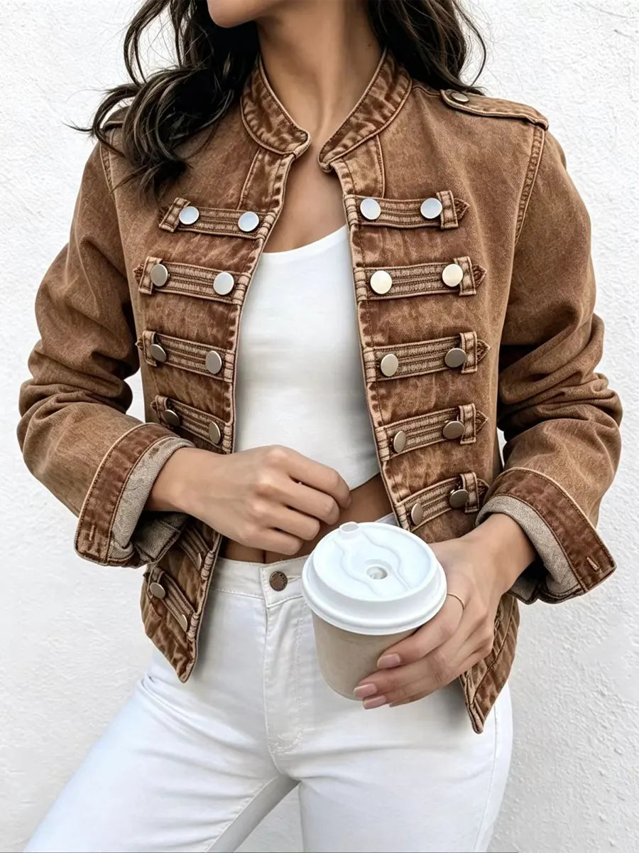 Retro Solid Color Stand Collar Art Casual Stylish Long Sleeve Denim Coat