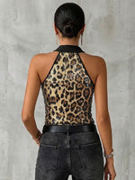 Stylish Sleeveless Knit Top With Sequins And Leopard Print