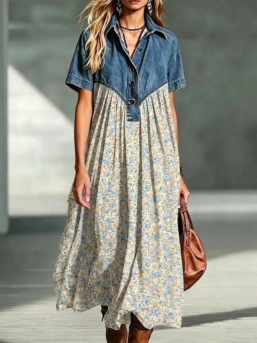 Retro Floral Pattern Art Print Casual Stylish Lapel Denim Patchwork Dress
