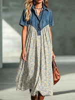Retro Floral Pattern Art Print Casual Stylish Lapel Denim Patchwork Dress