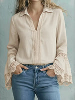 Retro Hollow Lace Art Long Sleeve Casual Stylish Cotton And Linen Shirt