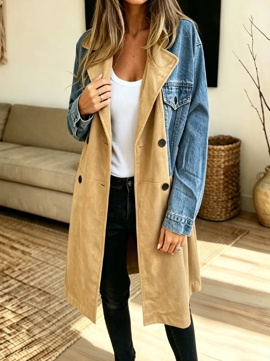 Retro Long Sleeve Lapel Casual Stylish Denim Patchwork Long Coat
