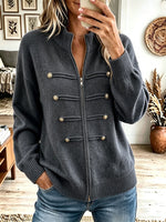 Women's Zip Up Mock Neck Knit Cardigan, Decorative Gold Button Long Sleeve Sweater Jacket