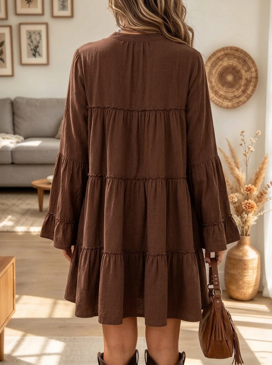 Women's Tiered Ruffle Tie-Neck Babydoll Dress