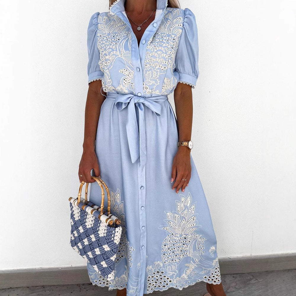 Women Eyelet Embroidery Belted Shirt Midi Dress With Puff Sleeves