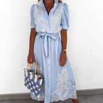 Women Eyelet Embroidery Belted Shirt Midi Dress With Puff Sleeves
