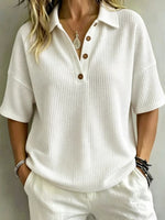 Solid Color Lapel Casual Short Sleeve Stylish Waffle Shirt