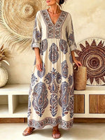 Retro Ethnic Floral Pattern Art Print Casual V-neck Cotton Linen Maxi Dress