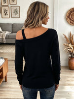 Women's Black Asymmetric Off-Shoulder Long Sleeve Top with Metal Grommets and Leopard Print Hem